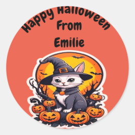 Niedliche Hexenkatze mit Kürbis Runder Aufkleber