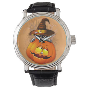 Niedliche Hexenkatze und KürbisHalloween-Freunde Armbanduhr
