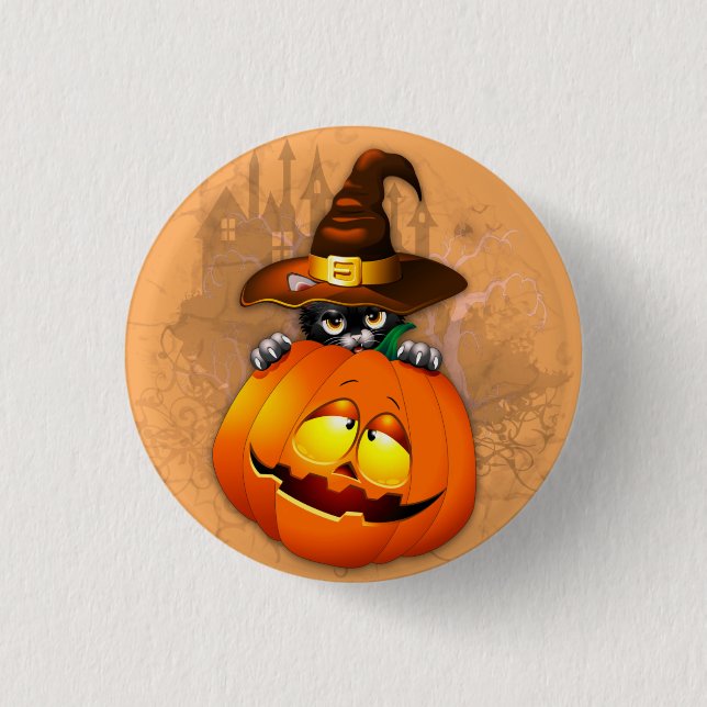 Niedliche Hexenkatze und KürbisHalloween-Freunde Button (Vorderseite)