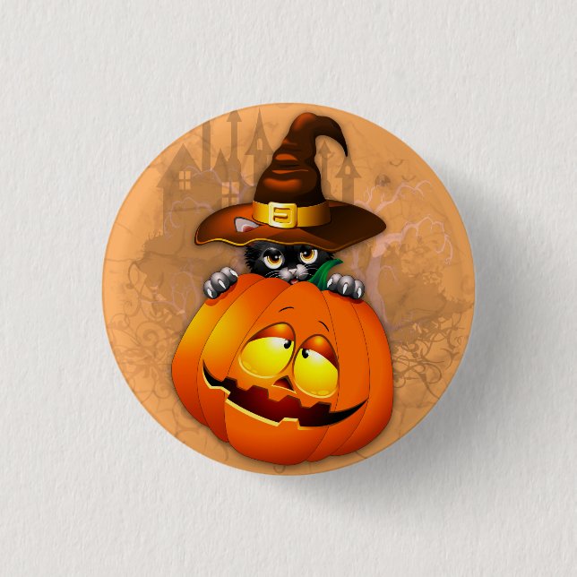 Niedliche Hexenkatze und KürbisHalloween-Freunde Button (Vorderseite)