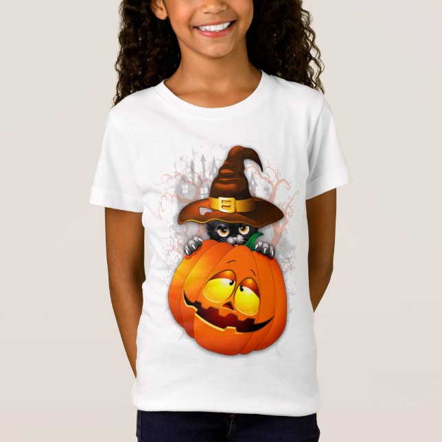 Niedliche Hexenkatze und KürbisHalloween-Freunde T-Shirt (Vorderseite)