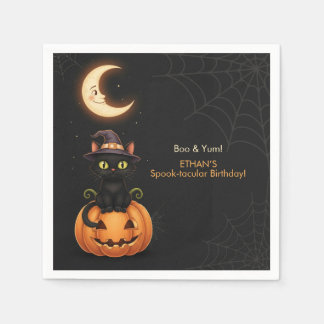 Niedliche Hexenkatze und Pumpkin Geburtstag Serviette