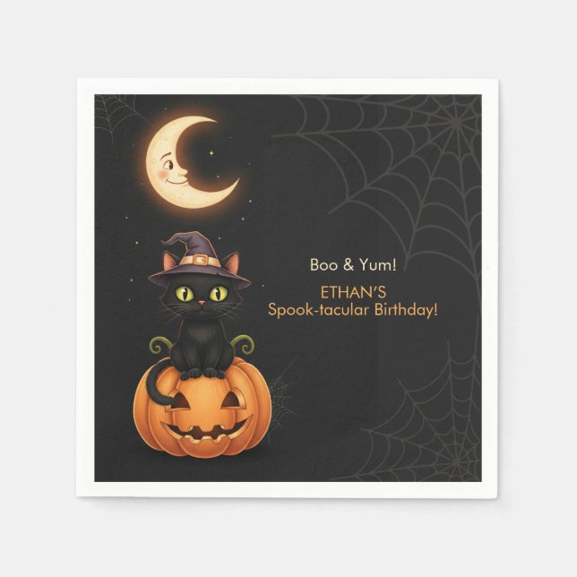Niedliche Hexenkatze und Pumpkin Geburtstag Serviette (Vorderseite)