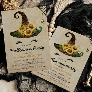 Niedliche Hexenmädchen Halloween Kinder Gelb Gebur Einladung