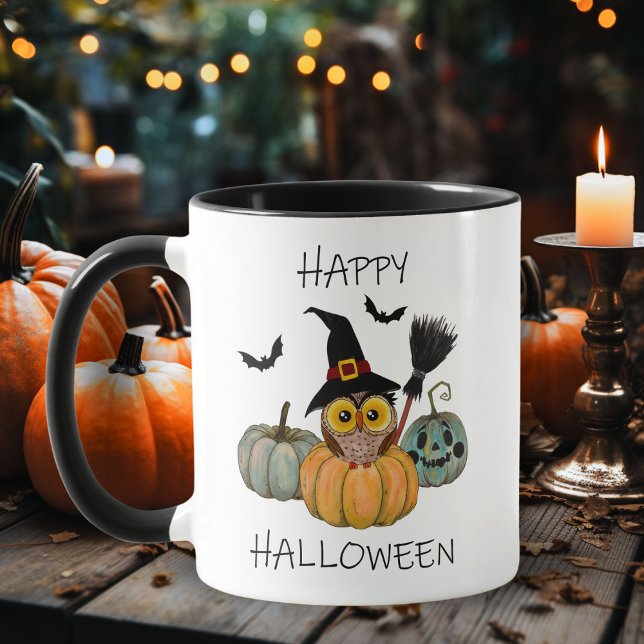 Niedliche Hexenschüssel mit Pumpkins Glückliches H Tasse (Cute Witch Owl with Pumpkins Happy Halloween Mug)