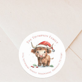 Niedliche Highland Cow Rücksendeadresse Weihnachte Runder Aufkleber