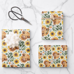 Niedliche Highland Cows & Yellow Sunflower Blume Geschenkpapier Set