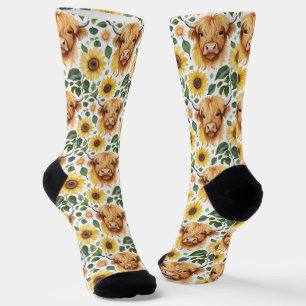 Niedliche Highland Cows & Yellow Sunflower Blume Socken