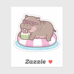 Niedliche Hippo-Kälte im Schwimmbad mit Kokosnuss  Aufkleber