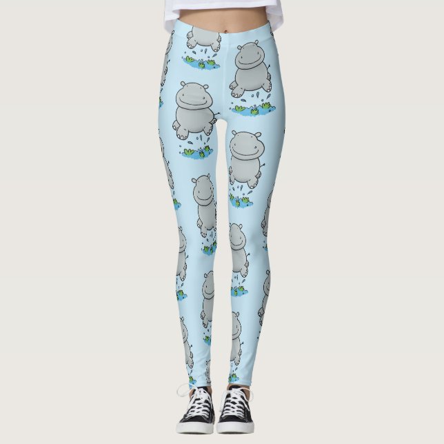 Niedliche Hippo Springen Cartoon-Abbildung Leggings (Vorderseite)