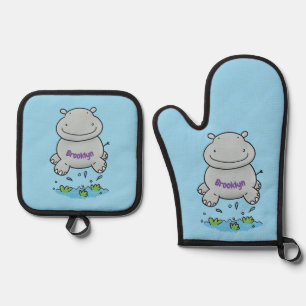 Niedliche Hippo Springen Cartoon-Abbildung Ofenhandschuh & Topflappen-Set