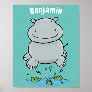 Niedliche Hippo Springen Cartoon-Abbildung Poster