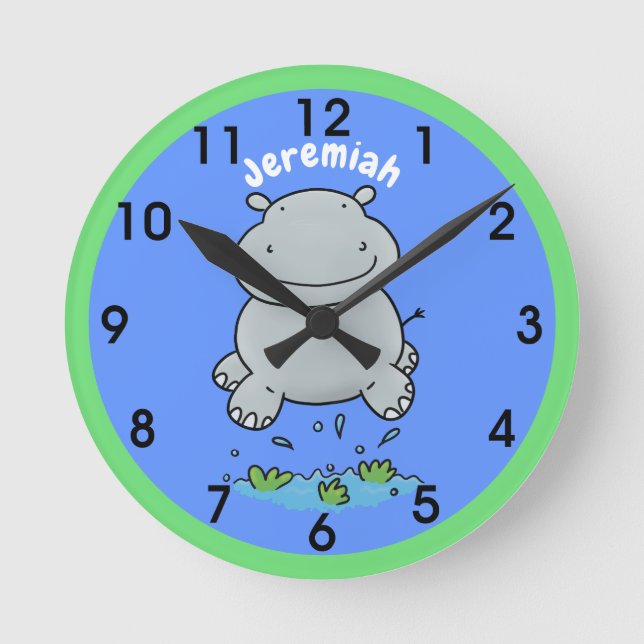 Niedliche Hippo Springen Cartoon-Abbildung Runde Wanduhr (Vorderseite)