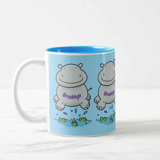 Niedliche Hippo Springen Cartoon-Abbildung Zweifarbige Tasse (Links)