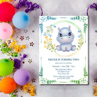 Niedliche Hippopotamus-Blume Wreath 2. Geburtstag Einladung