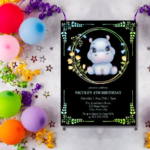 Niedliche Hippopotamus-Blume Wreath 4. Geburtstag Einladung