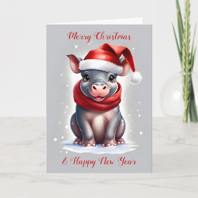Niedliche Hippopotamus-Weihnachtsmannmütze Neujahr Feiertagskarte (Vorderseite)