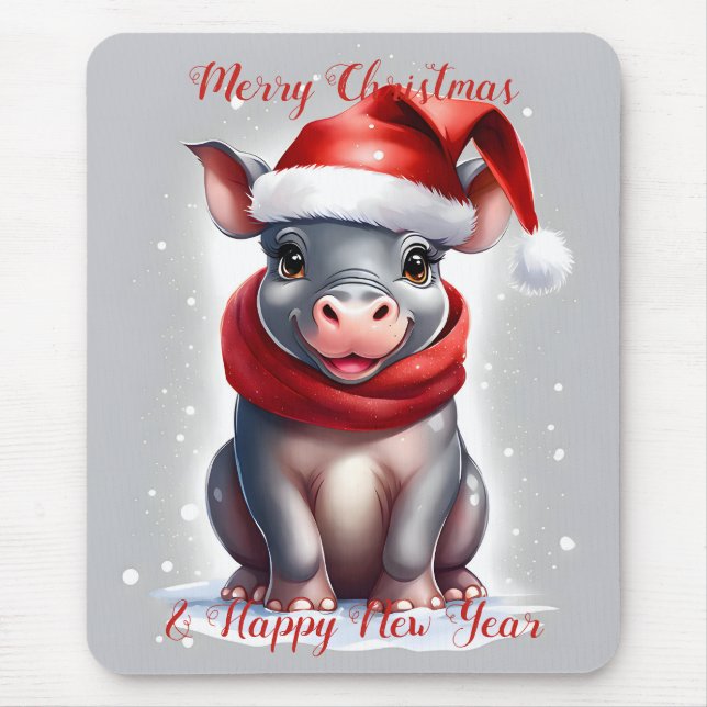 Niedliche Hippopotamus-Weihnachtsmannmütze Neujahr Mousepad (Vorne)
