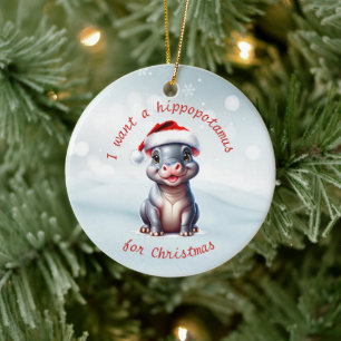 Niedliche Hippopotamus Weihnachtsmannmütze Schnee  Keramik Ornament