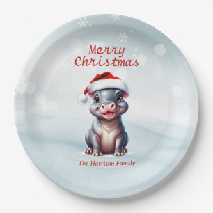 Niedliche Hippopotamus Weihnachtsmannmütze Schnee  Pappteller