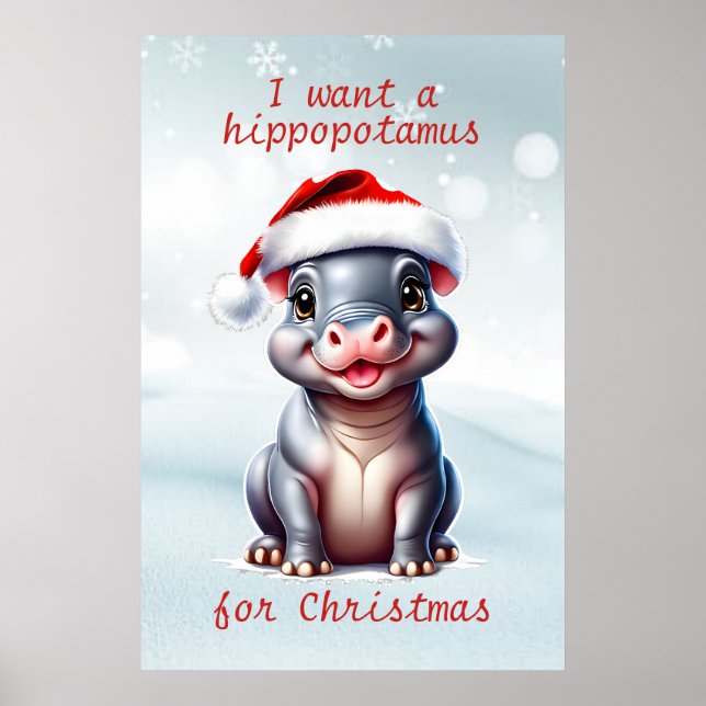 Niedliche Hippopotamus Weihnachtsmannmütze Schnee  Poster (Vorne)