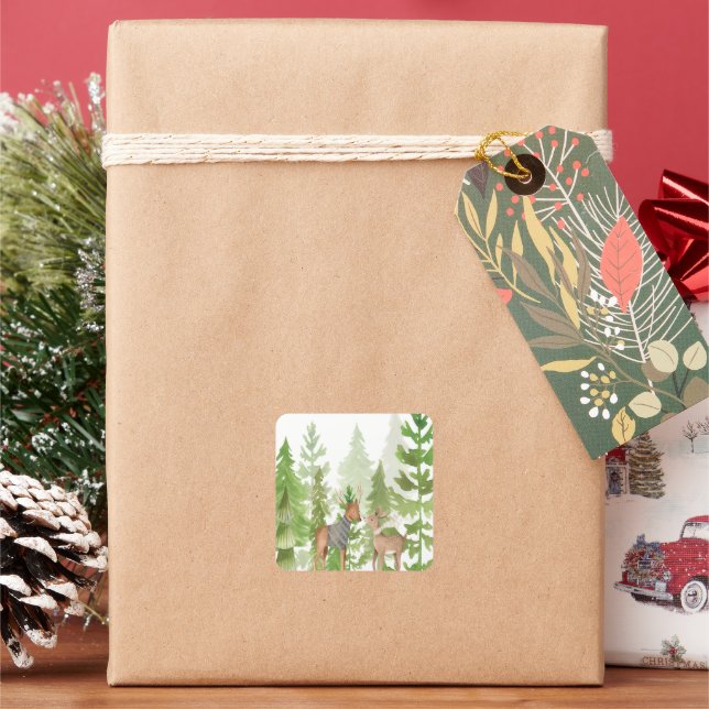 Niedliche Hirsche im Wald Quadratischer Aufkleber (Feiertag)