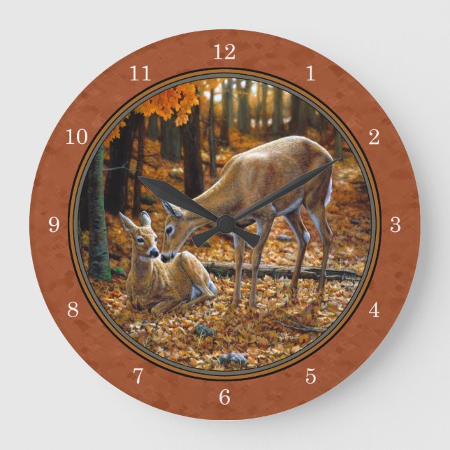 Niedliche Hirschtode & Fawn Herbst Rot Große Wanduhr (Vorderseite)