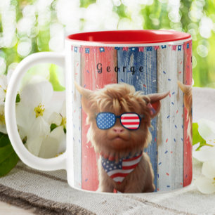 Niedliche Hochland Kuh Patriotic USA Flag Sonnenbr Zweifarbige Tasse