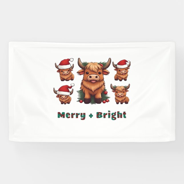 Niedliche Hochland Kuh Weihnachten Merry and Brigh Banner (Horizontal)