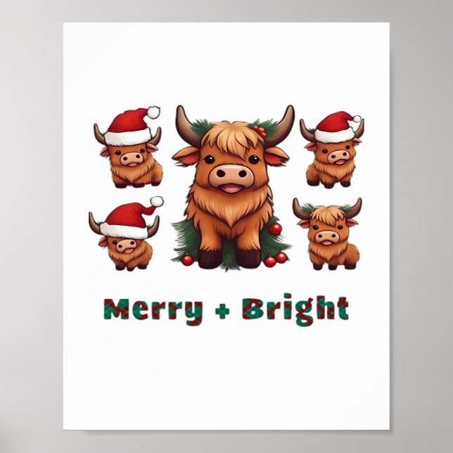 Niedliche Hochland Kuh Weihnachten Merry and Brigh Poster (Vorne)