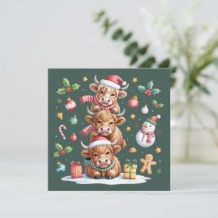 Niedliche Hochland Kuh Weihnachtsbäume Heiße Kakao Feiertagskarte