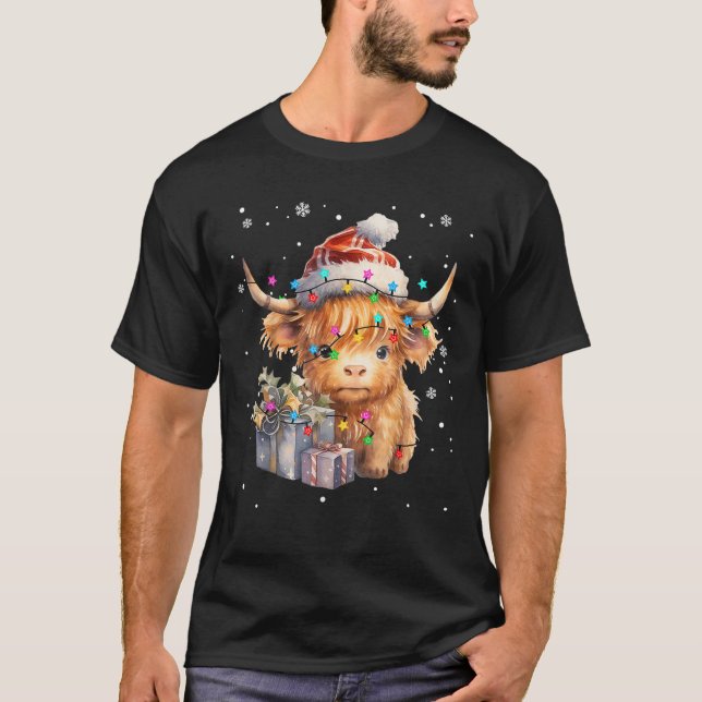 Niedliche Hochland Kuh Weihnachtslicht frohe Weihn T-Shirt (Vorderseite)