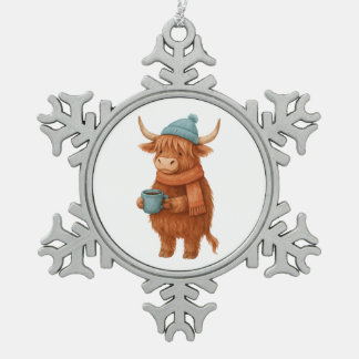 Niedliche Hochlandkuh mit Kaffee - Gemütlich Winte Schneeflocken Zinn-Ornament