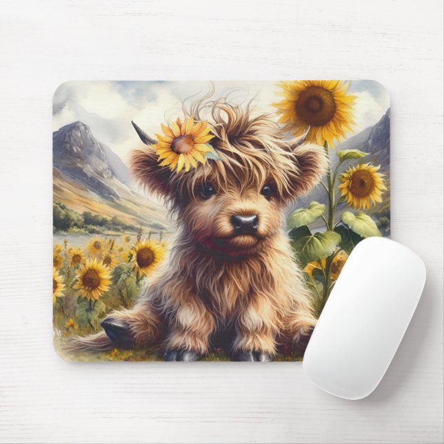 Niedliche Hochlandkuh mit Sonnenblumen Mousepad (Mit Mouse)
