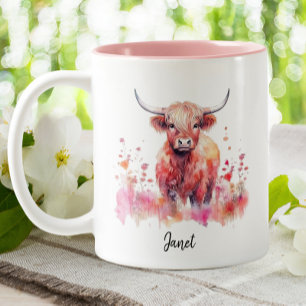 Niedliche Hochlandkuh Pink Floral Wasserfarbe Zweifarbige Tasse
