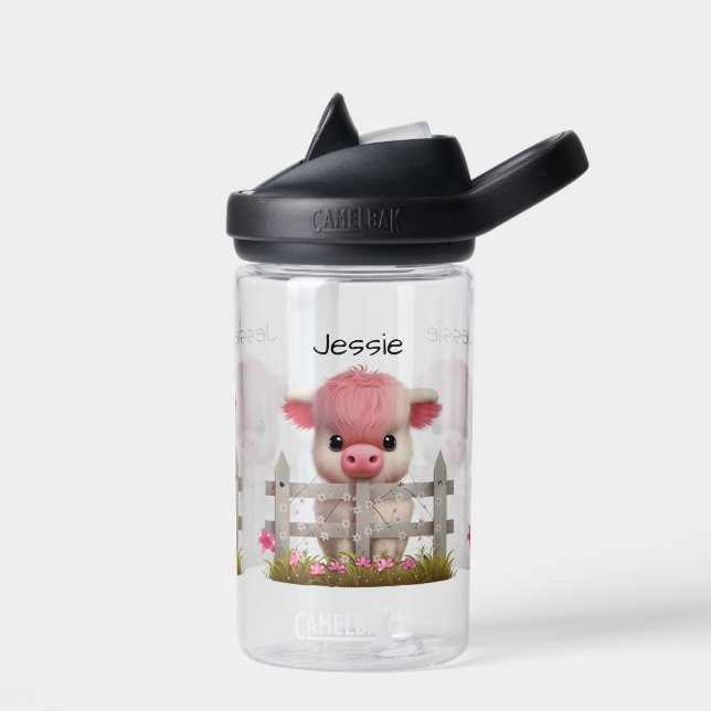 Niedliche Hochlandkuh Rosa Blütenname Kinderschule Trinkflasche (Links)