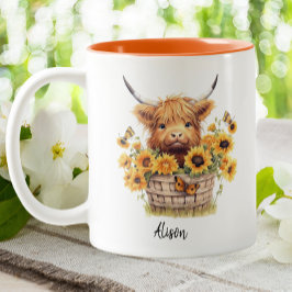 Niedliche Hochlandkuh Sonnenblumen Blütenblumen Pe Zweifarbige Tasse