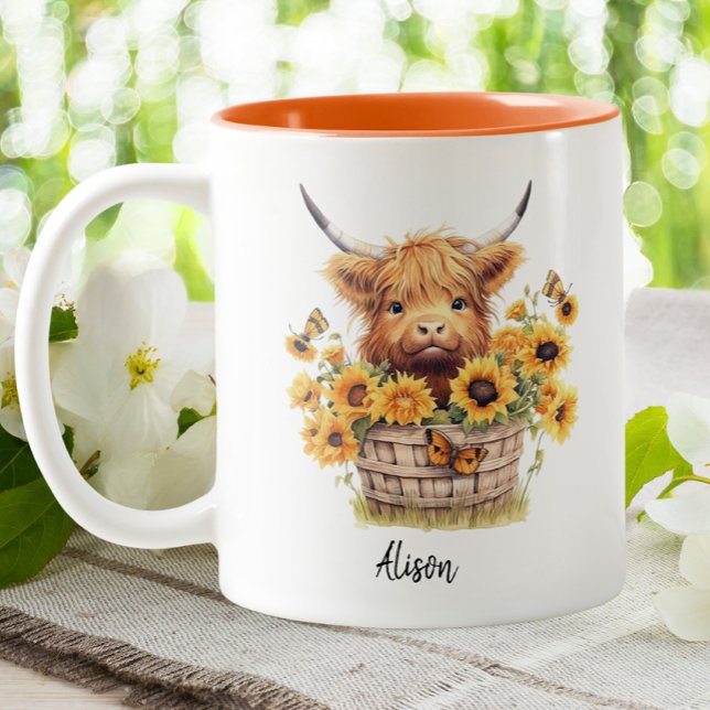 Niedliche Hochlandkuh Sonnenblumen Blütenblumen Pe Zweifarbige Tasse (Von Creator hochgeladen)