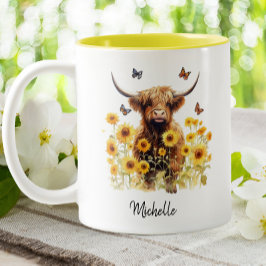 Niedliche Hochlandkuh Sonnenblumen Blütenschmetter Zweifarbige Tasse