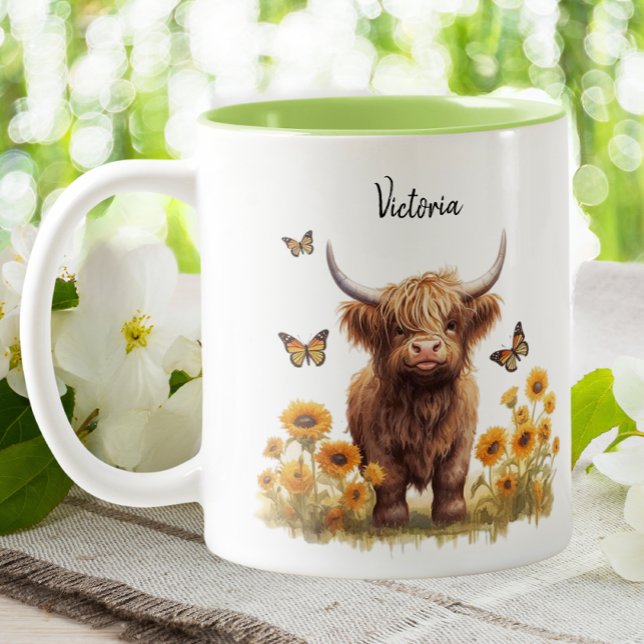 Niedliche Hochlandkuh Sonnenblumen Blütenschmetter Zweifarbige Tasse (Von Creator hochgeladen)
