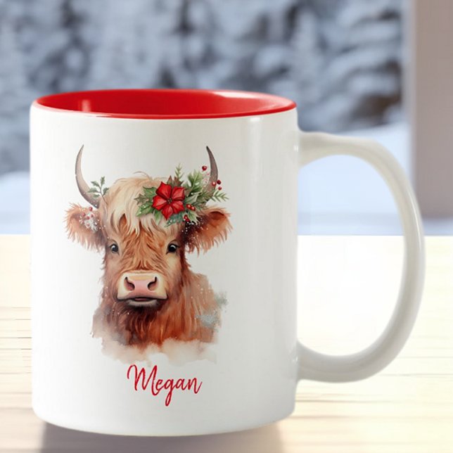 Niedliche Hochlandkuh Weihnachtsfeiertage Weihnach Zweifarbige Tasse (Von Creator hochgeladen)