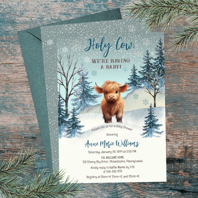 Niedliche Hochlandwinterdusche Einladung (Cute Highland Calf "Holy Cow, We're Having a Baby!" Winter Baby Shower Invitation)