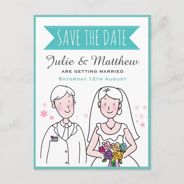 Niedliche Hochzeit Couple Doodle Save the Date nac Postkarte (Vorderseite)