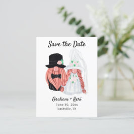 Niedliche Hochzeit Gnome Couple Save the Date Ankündigungspostkarte