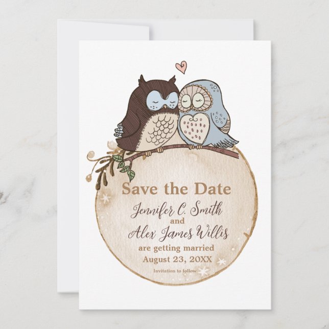 Niedliche Hochzeit von Owl Themed Save the Date Wo (Vorderseite)