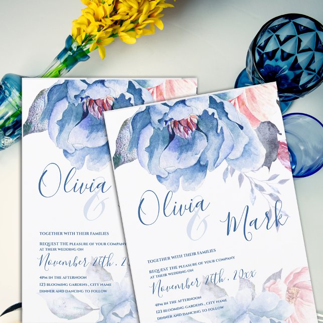 Niedliche Hochzeit von Watercolor Blue Peach Flora Einladung (Cute Watercolor Blue Peach Floral Script Wedding Invitation)