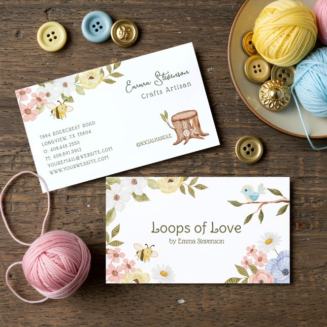 Niedliche Holzraupen- und Vogelflorenkrebse Visitenkarte (Cute Woodland Knitted Bee & Bird Floral Crafters Business Card)