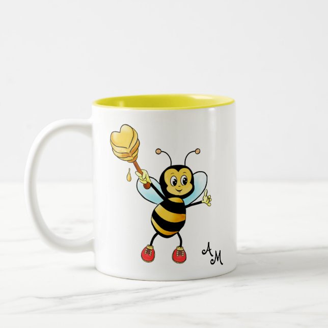 Niedliche Honigbiene mit Herz und Monogramm Zweifarbige Tasse (Links)