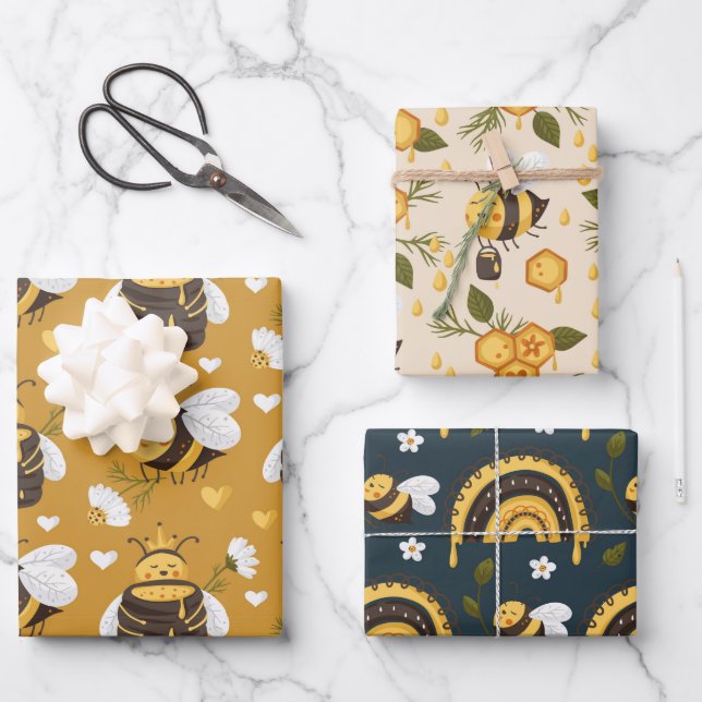 Niedliche Honigbienen Geschenkpapier Set (Vorderseite)