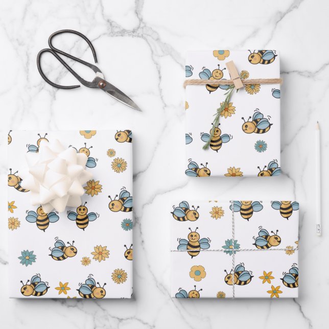 Niedliche Honigbienen und florale Wildblumen Geschenkpapier Set (Vorderseite)